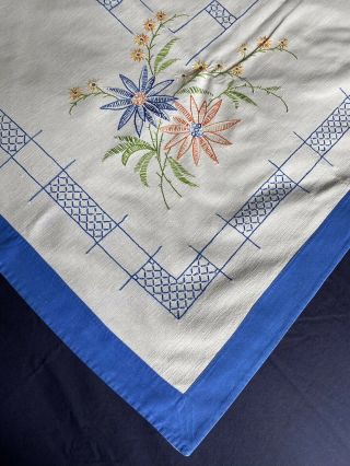 Vintage Floral Hand Embroidered White Cotton Large Oblong Tablecloth