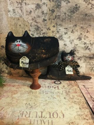 Primitive Set Of 2 Cats Bobbin Sitter Fabric Handmade Country Old Rusty Doll