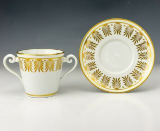 Antique English Pottery - Gilt Decorated Twin Handed Loving Cup & Saucer