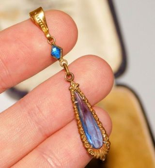 Antique Victorian Blue Sapphire Paste Gold / Pinchbeck Long Drop Pendant
