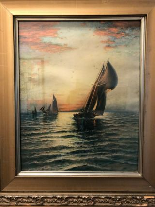 Rare Antique Large Sailing Ship Framed Picture Dated 1930