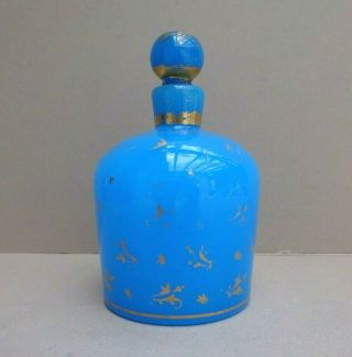 Antique French Blue Opaline Glass Gilded Perfume Bottle With Stopper