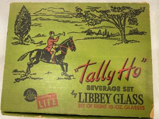 Rare Libbey Tally Ho Beverage Set - 8 10 Oz Glasses Horse And Rider - Orig Box