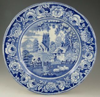 Antique Pottery Pearlware Blue Transfer Rural Village Plate 1825 Marked