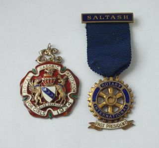 2 English Hallmarks Sterling Silver & Enamel Medallions: Masonic & Rotary