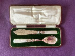 Cased Mother Of Pearl & Silver Plate Epsn Butter Jam Spreaders Knife & Spoon Set