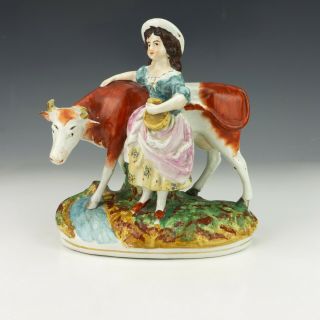 Antique Staffordshire Pottery - Lady With Cow Figure - The Milkmaid - Unusual