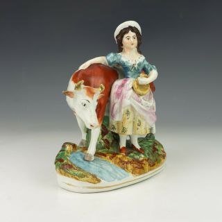 Antique Staffordshire Pottery - Lady With Cow Figure - The Milkmaid - Unusual 2