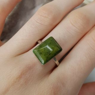 Rare Vintage Moss Green Agate Signed Sterling Silver Ring Size N1/2 Rectangle