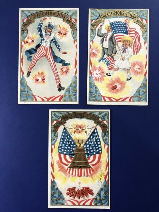 3 Uncle Sam 4th Of July Antique Postcards.  Undivided Backs.  Unposted Value