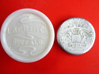 Antique Apothecary Jar Larkin Milk Glass Embossed Old Drug Cosmetic Advertising