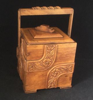 Stunning Antique Art Deco Teak Wooden Tea Caddy With Handle & Engraved Panels