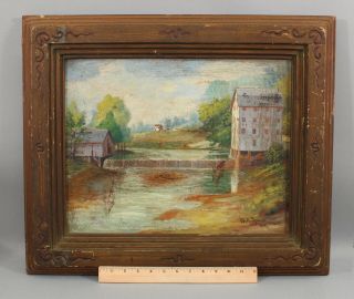 Antique W.  A.  Speck American Folk Art Country River Mill Oil Painting,  Nr