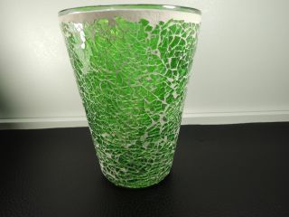 Art Deco Mosaic Green Glass Hand Blown Crackle Cloisonné Art Glass Vase 6.  69 "