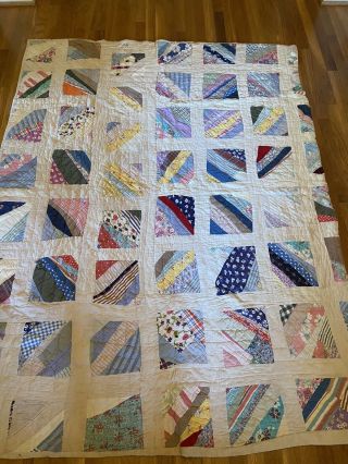 Antique Feedsack Quilt - Primitive Farmhouse Log Cabin Cutter Quilt - Old One - See