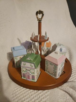 Rare The Lenox Village Fine Porcelain Condiment Set W/ Wooden Tray Read Descrip