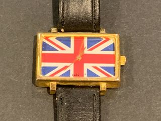 Vtg Rare Flagtime Watch Union Jack Runs Leather Strap Very Cool