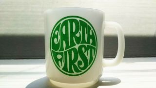 Rare Vintage 70s Milk Glass Ecology Now Earth First Green & White Coffee Tea Mug