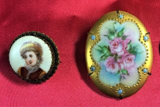 (2) Antique Hand Painted Porcelain Pin Brooches - Floral & Cameo Brooch