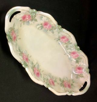 Antique Rs Prussia Red Star Logo 12 " Porcelain Celery Dish White W/ Pink Roses
