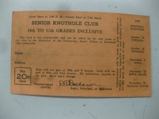 Rare 1940 Nebraska Football Season Ticket Senior Knothole Club