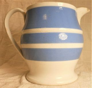 Antique Large Blue Banded Mocha Pitcher 7 1/2  Tall