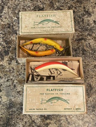 2 Old Collectable Boxed Vintage Fishing Lures Helin Tackle Flatfish