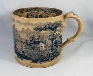 Rare Antique 19thC Soft Paste Blue Staffordshire Coffee Cann Transferware Mug NR 3
