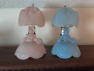 Rare Pair Vintage Southern Belle Lady Boudoir Blue&pink Glass Lamps Circa 1930 