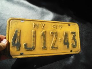 Vintage Rare 1937 York State Embossed Metal License Plate.