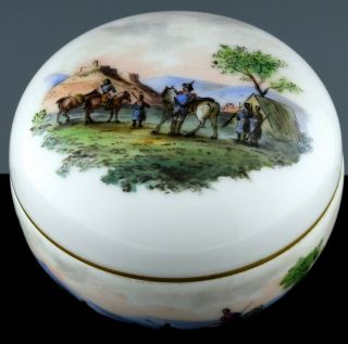 Finelypainted Antique German Porcelain Enamel Military Landscape Dresser Jar Box