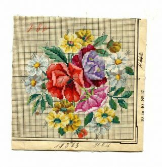 Antique Berlin Woolwork Hand Painted Chart Pattern Flowers 11363