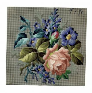 Antique Berlin Woolwork Hand Painted Chart Pattern Rose W Blue Flowers