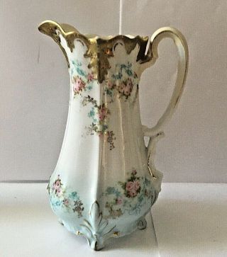 Antique R.  S.  Prussia Hand Painted Footed Syrup Pitcher With Gold Trim 6 " T