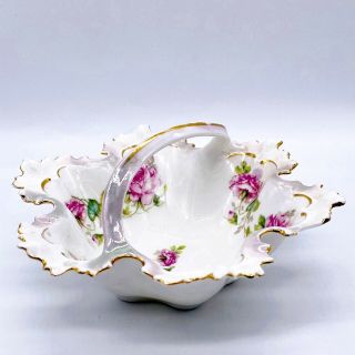 Antique Hand Painted Porcelain Iridescent Handled Basket Austria Mark 6”w 3”h