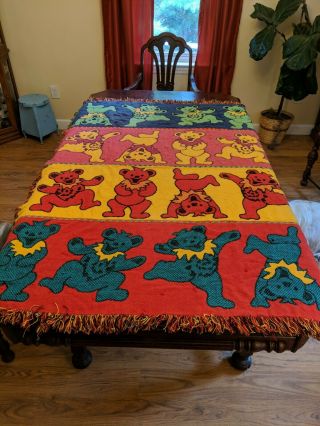 Rare Vtg 80s 90s Grateful Dead Dancing Bears Throw Blanket Tapestry Pre - Owned