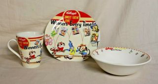 Rare Retro Ceramic Kellogg " Winners Every Time " Plate,  Bowl,  And Cup Set