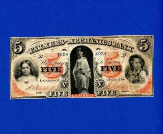 1860 $5 Farmers And Mechanics Bank Savannah Georgia Rare Crisp Note