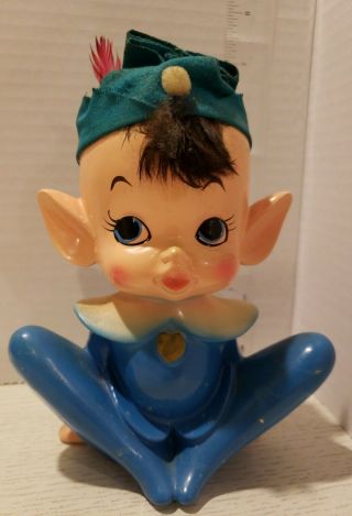Vintage Rare Pixie Elf Ceramic Figurines Blue With Felt Hat And Feather 102