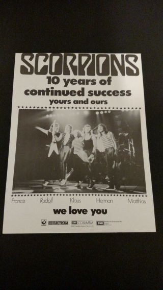 Scorpions " 10 Yrs.  Continued Success " 1982 Rare Print Promo Poster Ad