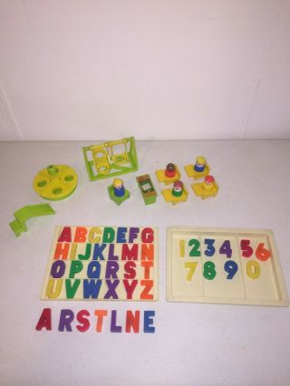 Vintage Fisher Price Little People School House Desks Playground Letters & Tray