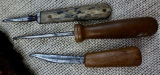 Three Antique Traditiional Handcrafted Rug Hooking Hooks,  Tools,  1800s.