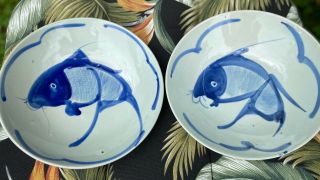 Early Chinese Porcelain Blue/white Koi Carp Fish Marked Dishes Dinner Bowls