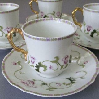 4 Antique Limoges Porcelain Demitasse Cups,  Saucers Embossed Pink Tulips Mold