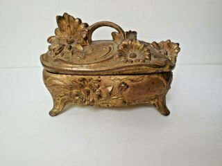 Antique Daisy Art Nouveau Deco Gilt Metal Jewelry Casket Box Jb