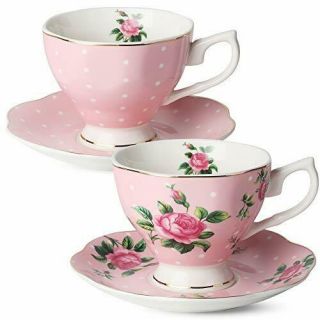 Floral Tea Cups And Saucers,  Set Of 2 (pink 8 Oz) With Gold Trim Gift Box
