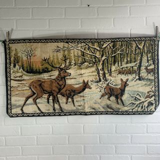 Vintage Tapestry Wall Hanging Rug Elk Buck Stag Deer Lodge Cabin Decor 39” X 20”
