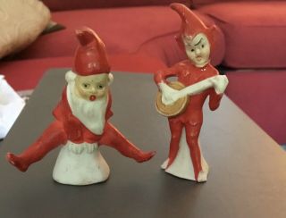 Pair Antique Miniature Red Bisque Santa Elves