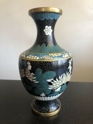 Antique Chinese Cloisonne Black Enamel White Peony Chrysanthemum Flower Vase Nr