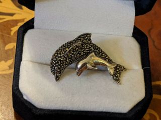 Rare Double Dolphin Vintage Marcasite & Sterling Silver Pin Brooch Signed Jj
